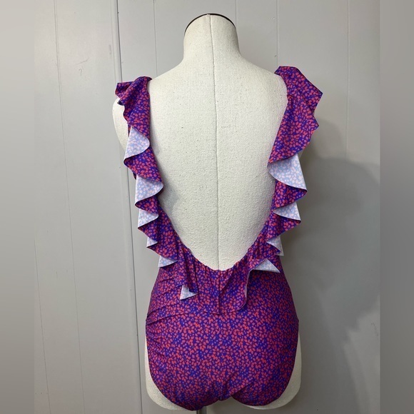 J.Crew one piece ruffle low back blue with small red leaf pattern size 8 - Picture 6 of 12